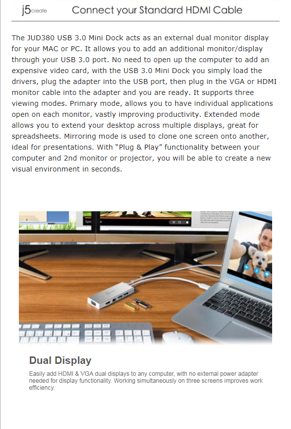 j5create JUD380 USB3.0 MINI DOCK HDMI & VGA Dual Display/Gigabit HUB BPC Technology
