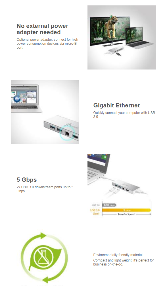 j5create JUD380 USB3.0 MINI DOCK HDMI & VGA Dual Display/Gigabit HUB BPC Technology